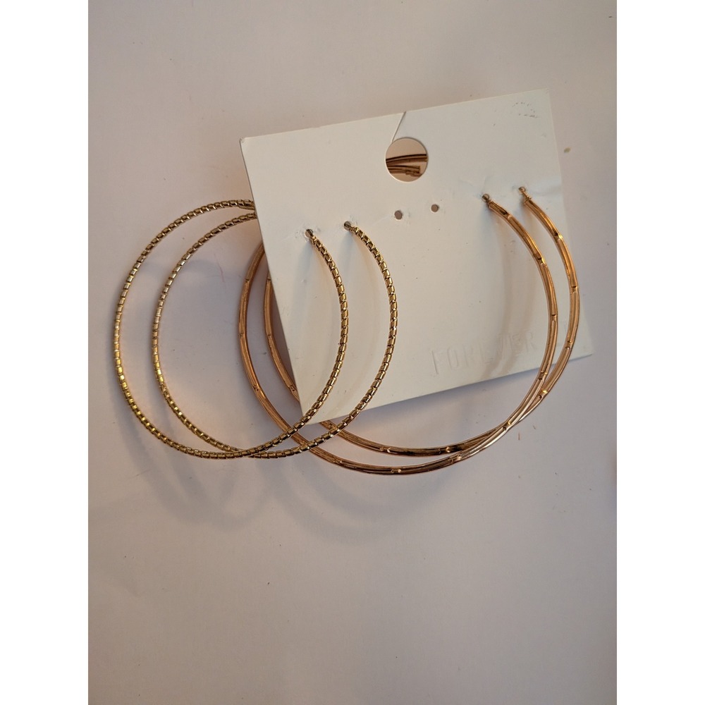 Gold Tone Hoop Earrings Set Textured Smooth Large Circular 2 Pairs
